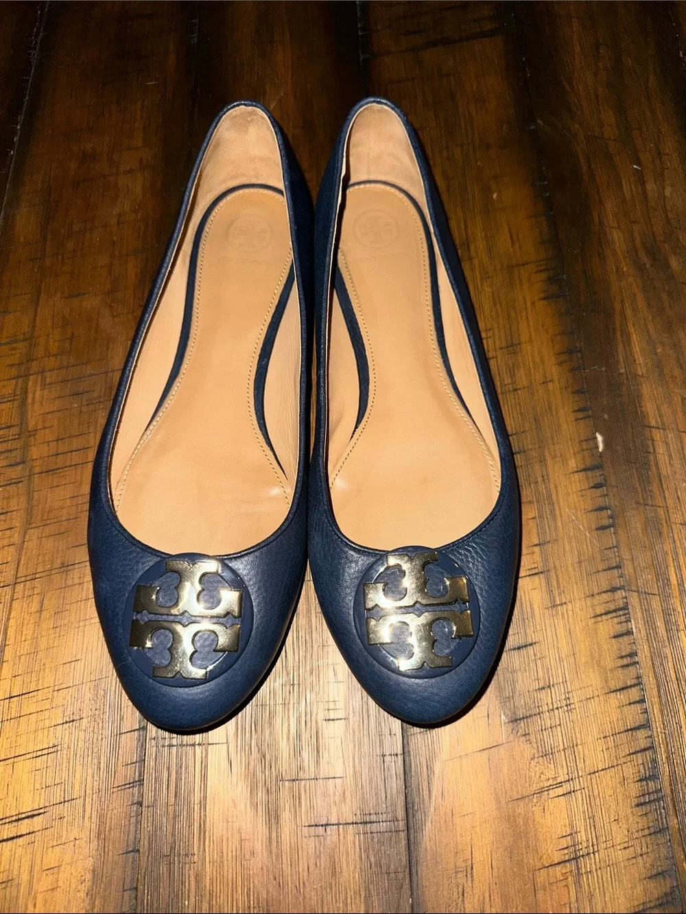 Tory Burch Navy Leather Ballet Flats with Gold Logo